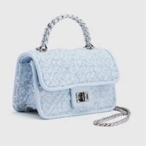 Urban Revivo Tweed Mini Handbag/ Crossbody Light Blue Pastel Silver Chain Strap